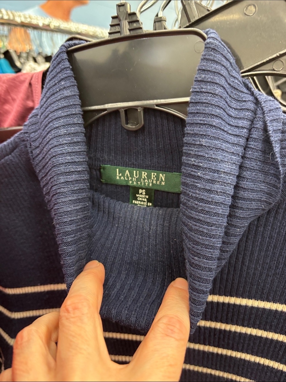 Lauren Ralph Lauren Navy Ribbed Turtleneck Sweater with Cream Stripes